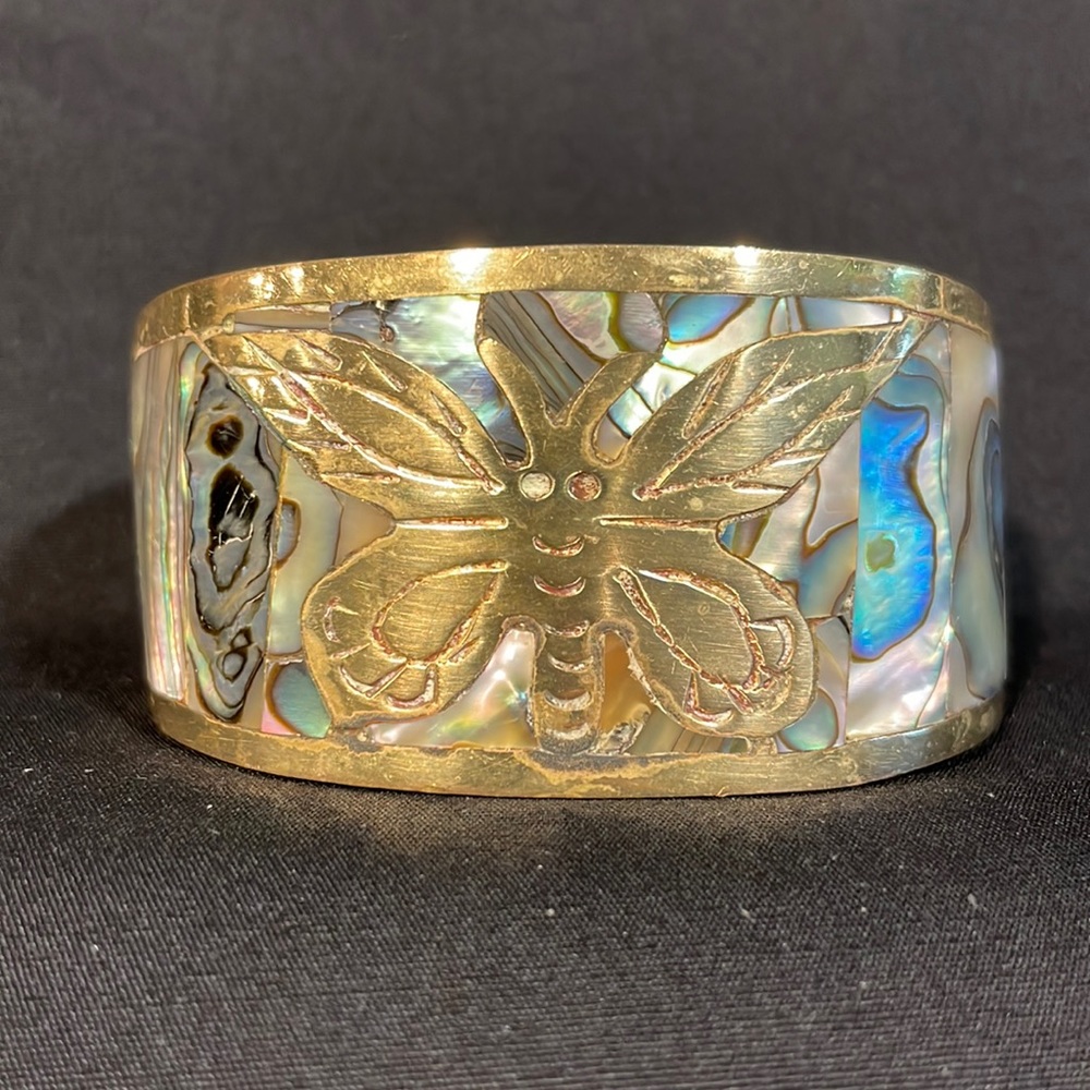 Vintage Butterfly Hecho En Mexico Silver and Brass with Abalone Inlay Cuff